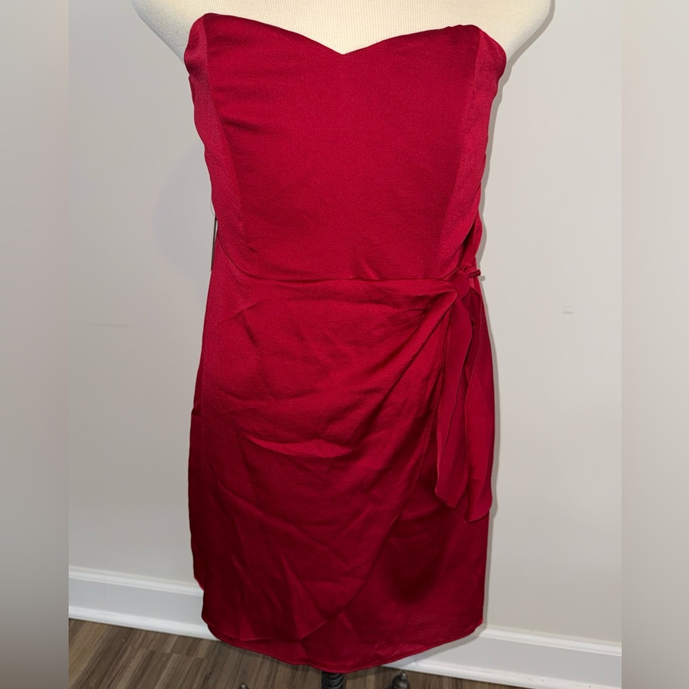 Red strapless mini dress